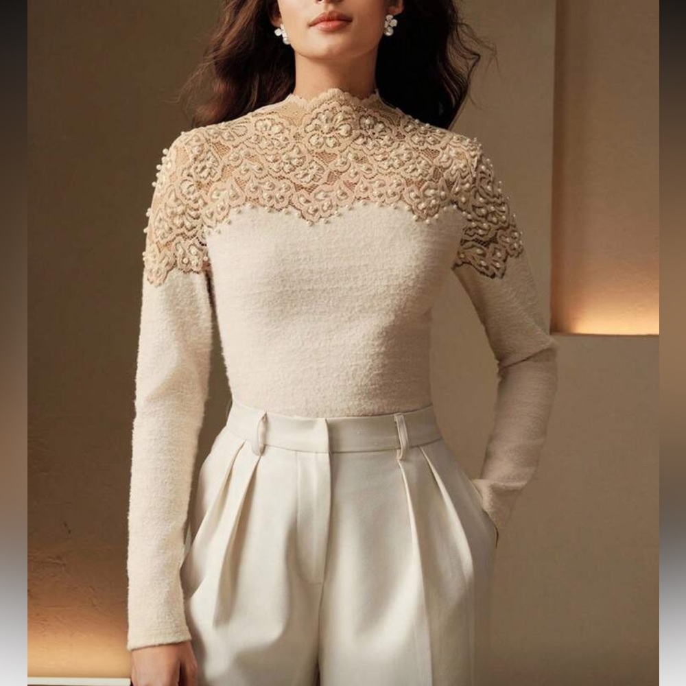 Elegant Beige Pearls Detail Ribbed Sweater